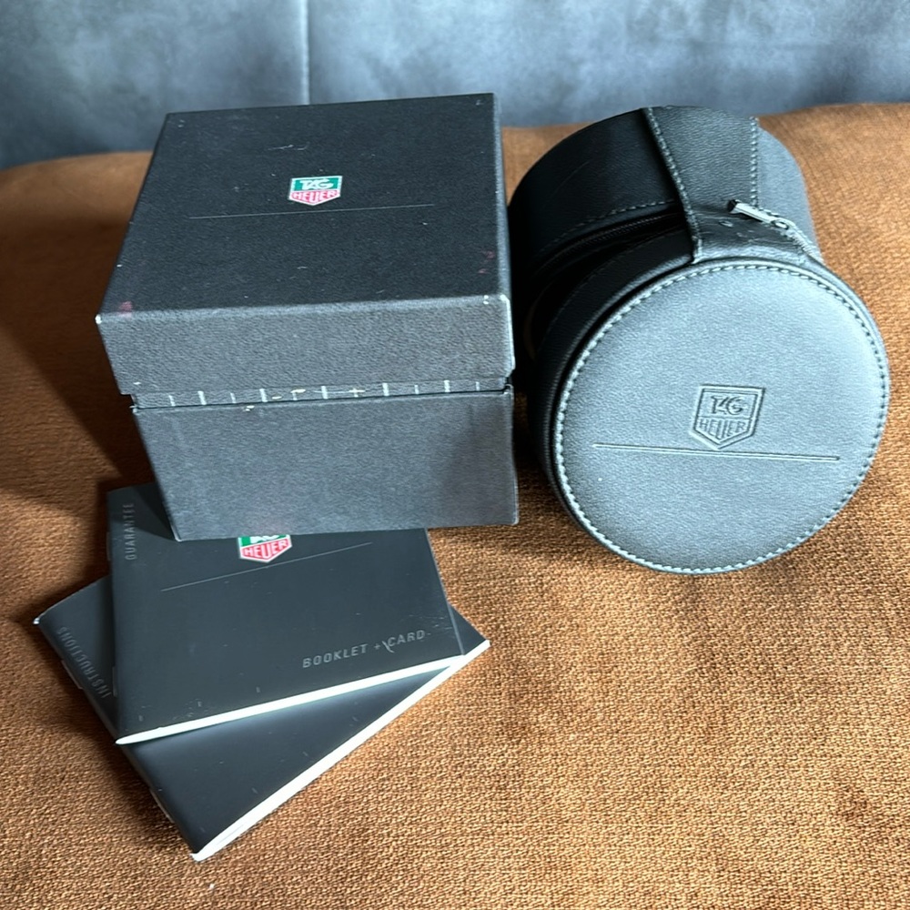Vintage Gray Leather Round TAG Heuer Watch Box with Original Packaging